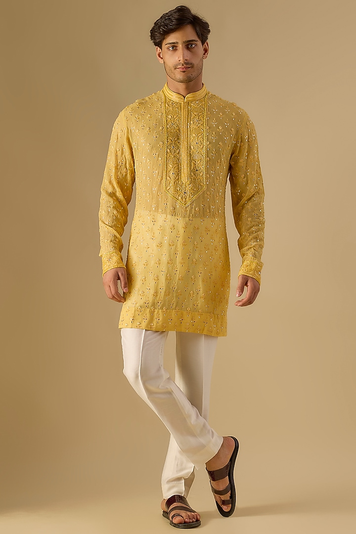 Yellow Georgette Kurta by Sawan Gandhi Men