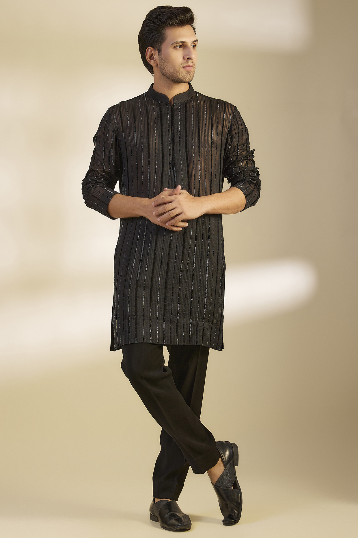 Black Handloom Organza Cutdana Embroidered Kurta by Sawan Gandhi Men