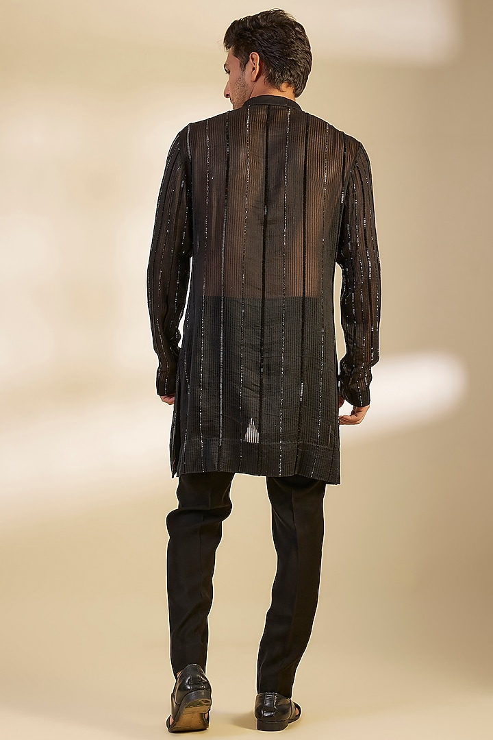 Black Handloom Organza Cutdana Embroidered Kurta by Sawan Gandhi Men at Pernia's Pop Up Shop