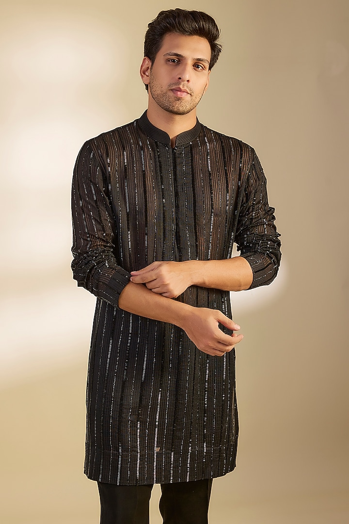 Black Handloom Organza Cutdana Embroidered Kurta by Sawan Gandhi Men at Pernia's Pop Up Shop