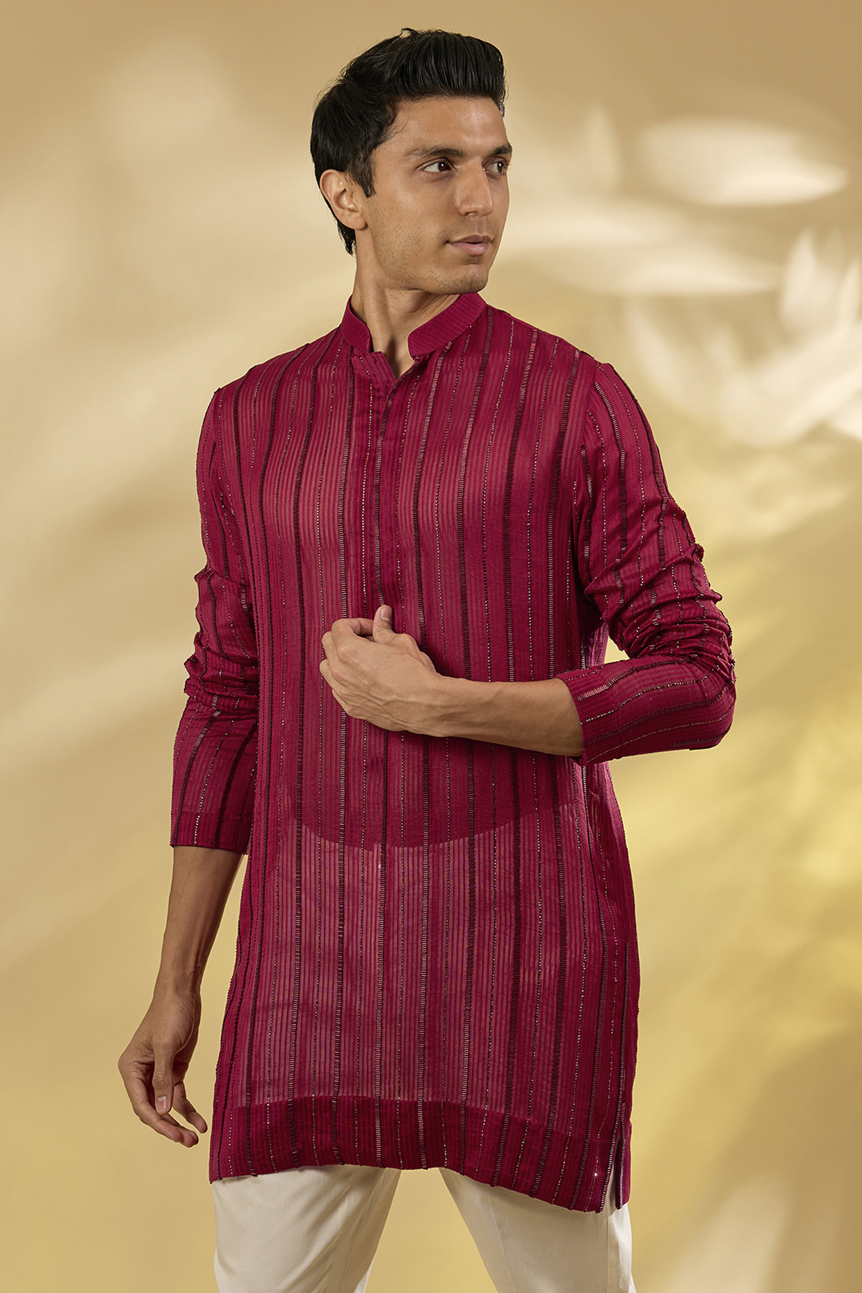 Red Organza Cutdana & Crystal Work Kurta by Sawan Gandhi Men