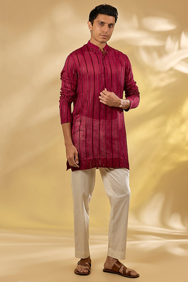 Red Organza Cutdana & Crystal Work Kurta by Sawan Gandhi Men at Pernia's Pop Up Shop