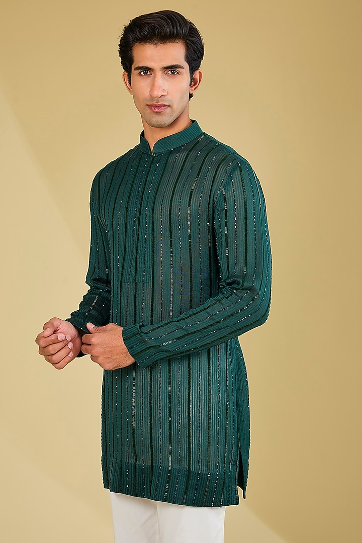 Bottle Green Organza Kurta by Sawan Gandhi Men at Pernia's Pop Up Shop