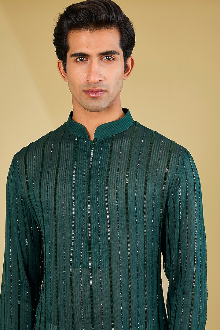 Bottle Green Organza Kurta by Sawan Gandhi Men at Pernia's Pop Up Shop