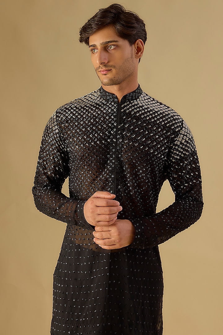 Black Georgette Kurta by Sawan Gandhi Men at Pernia's Pop Up Shop