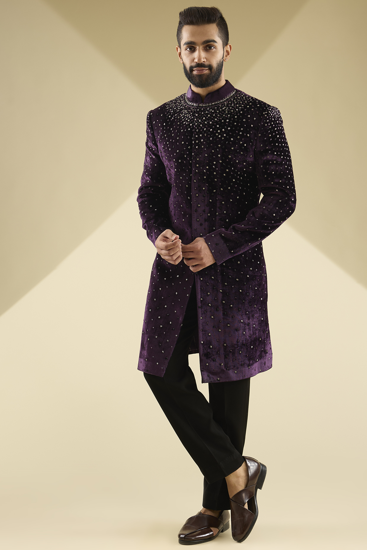 Wine Velvet Cutdana Embroidered Indowestern Set by Sawan Gandhi Men