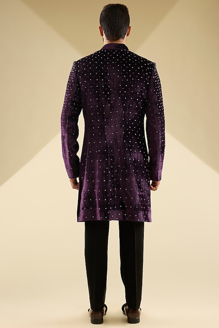 Wine Velvet Cutdana Embroidered Groom Indowestern Set by Sawan Gandhi Men at Pernia's Pop Up Shop