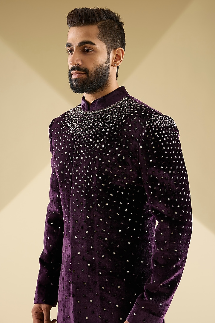 Wine Velvet Cutdana Embroidered Groom Indowestern Set by Sawan Gandhi Men at Pernia's Pop Up Shop