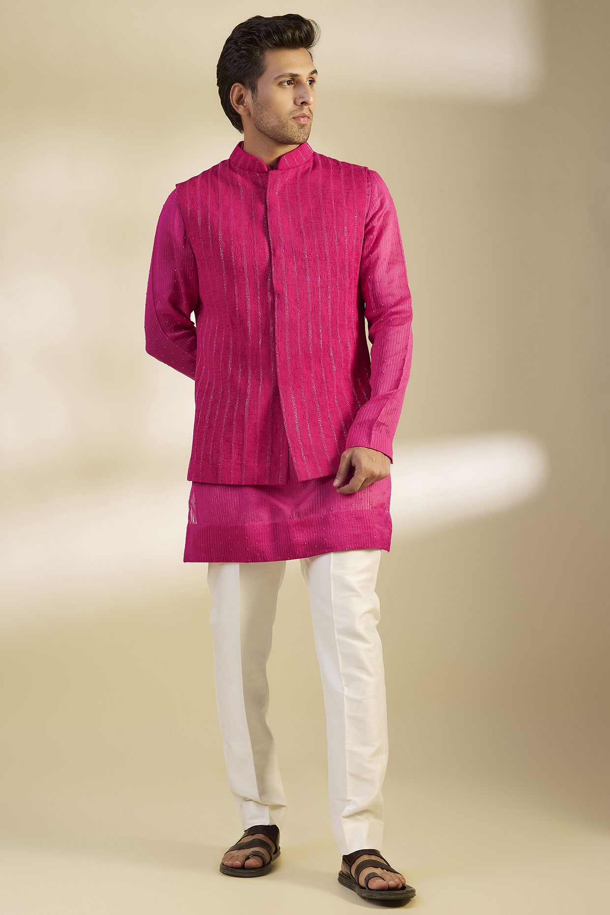 Hot Pink Chanderi Cutdana Embroidered Ruched Nehru Jacket Set by Sawan Gandhi Men
