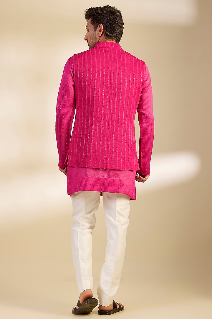 Hot Pink Chanderi Cutdana Embroidered Ruched Nehru Jacket Set by Sawan Gandhi Men at Pernia's Pop Up Shop