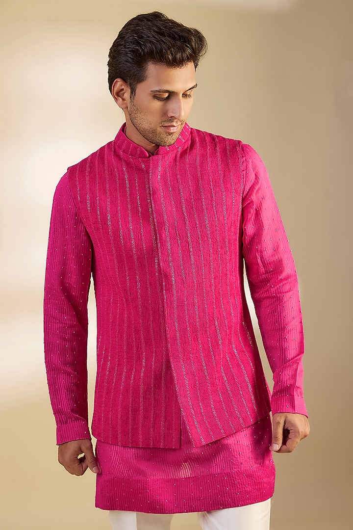 Hot Pink Chanderi Cutdana Embroidered Ruched Nehru Jacket Set by Sawan Gandhi Men at Pernia's Pop Up Shop