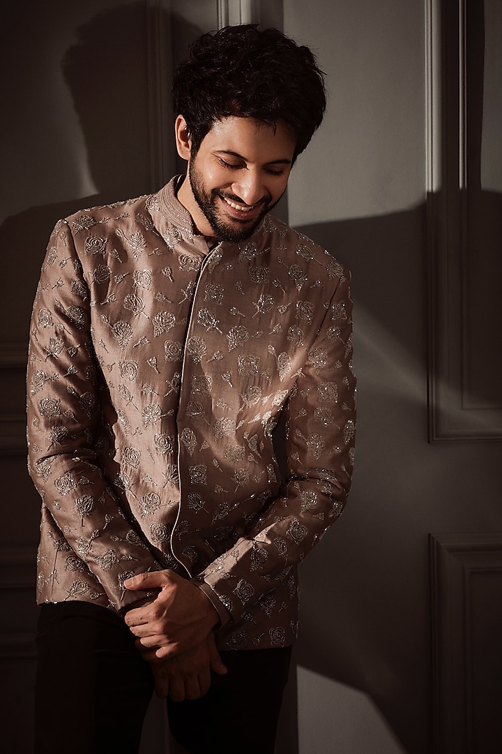 Taupe Georgette Cutdana Embroidered Groom Bandhgala by Sawan Gandhi Men at Pernia's Pop Up Shop