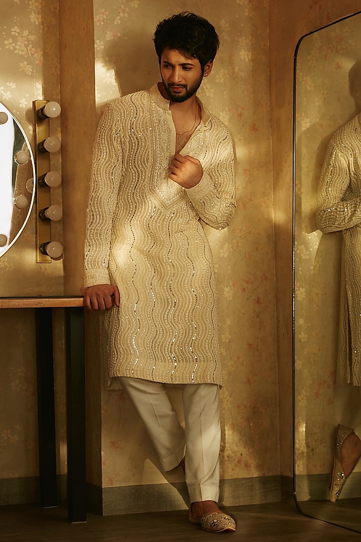 Ivory Georgette Chikankari Kurta Set by Sawan Gandhi Men