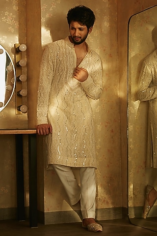 Ivory Georgette Chikankari Kurta Set by Sawan Gandhi Men at