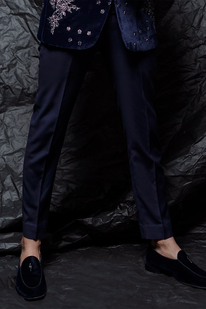 Midnight Blue Velvet Cutdana Work Bandhgala Set by Sawan Gandhi