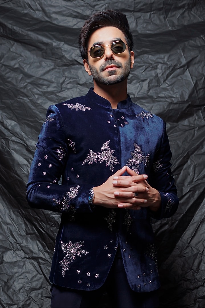 Midnight Blue Velvet Cutdana Work Groom Bandhgala Set by Sawan Gandhi Men at Pernia's Pop Up Shop
