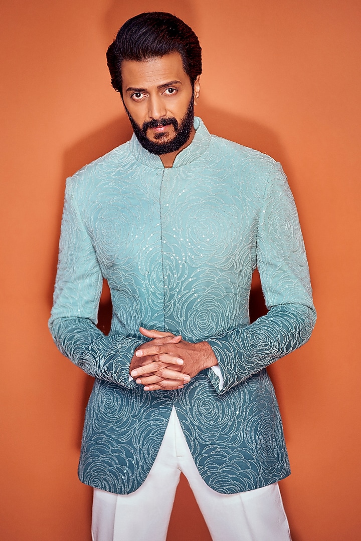 Teal Ombre Georgette Sequins Work Groom Bandhgala Set by Sawan Gandhi Men at Pernia's Pop Up Shop