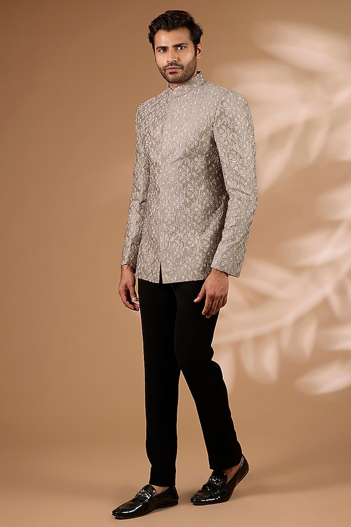 Taupe Silk Bandhgala Set by Sawan Gandhi Men at Pernia's Pop Up Shop
