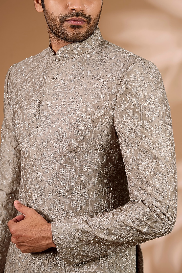Taupe Silk Bandhgala Set by Sawan Gandhi Men at Pernia's Pop Up Shop