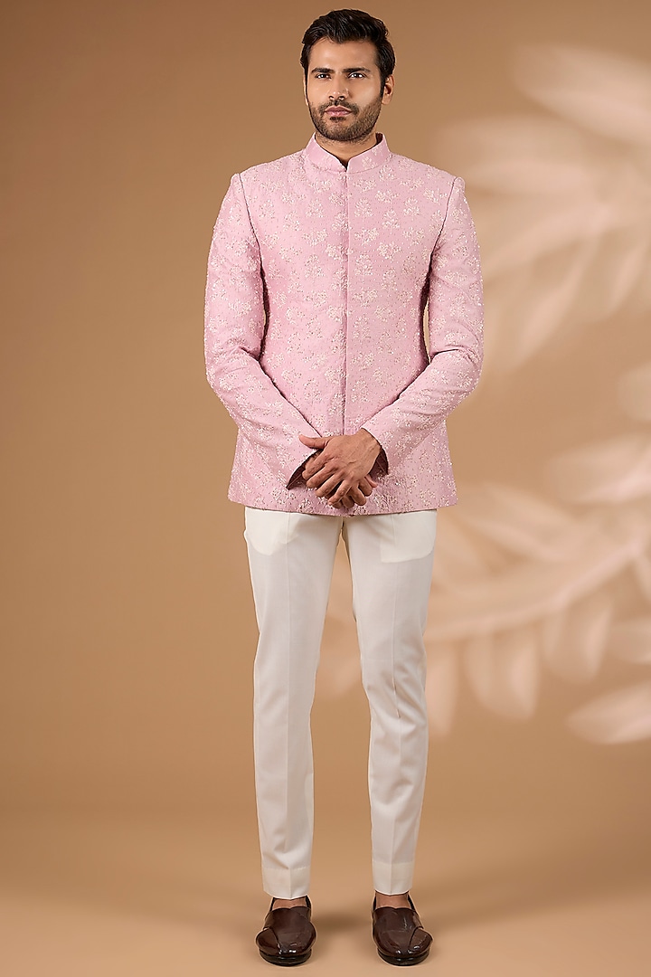 Rose Pink Chanderi Hand Embellished Bandhgala Set by Sawan Gandhi Men