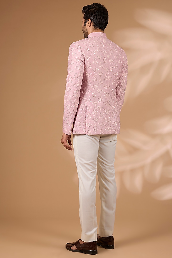 Rose Pink Chanderi Hand Embellished Groom Bandhgala Set by Sawan Gandhi Men at Pernia's Pop Up Shop