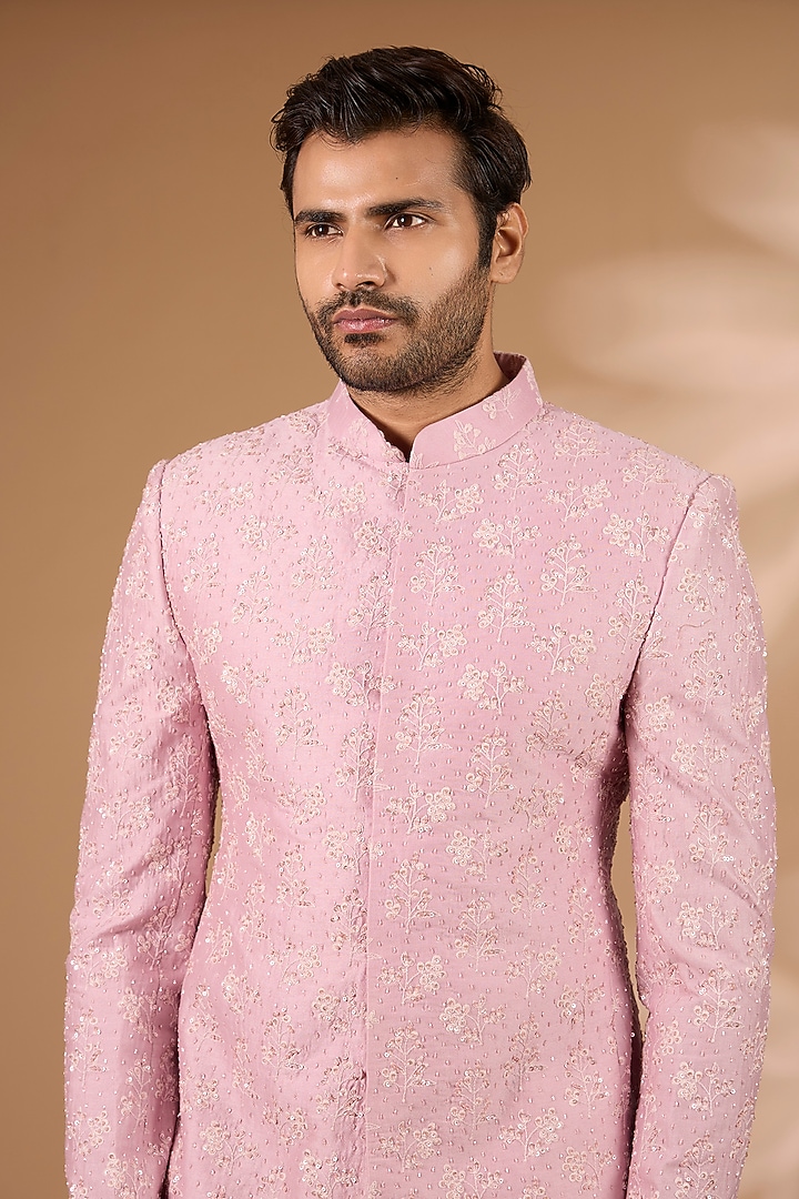 Rose Pink Chanderi Hand Embellished Groom Bandhgala Set by Sawan Gandhi Men at Pernia's Pop Up Shop