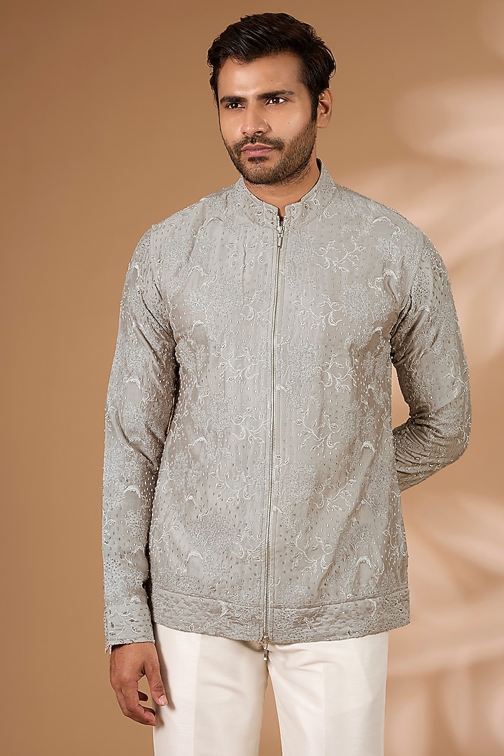 Taupe Chanderi Cutdana Embroidered Bomber Jacket by Sawan Gandhi Men