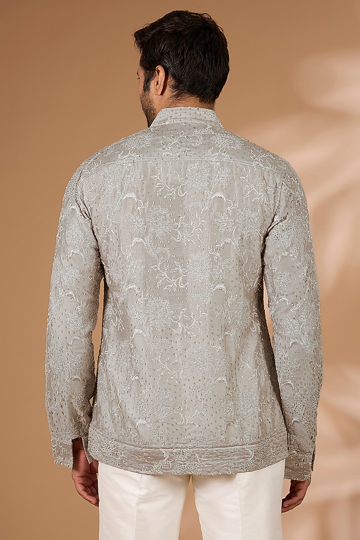 Taupe Chanderi Cutdana Embroidered Bomber Jacket by Sawan Gandhi Men at Pernia's Pop Up Shop
