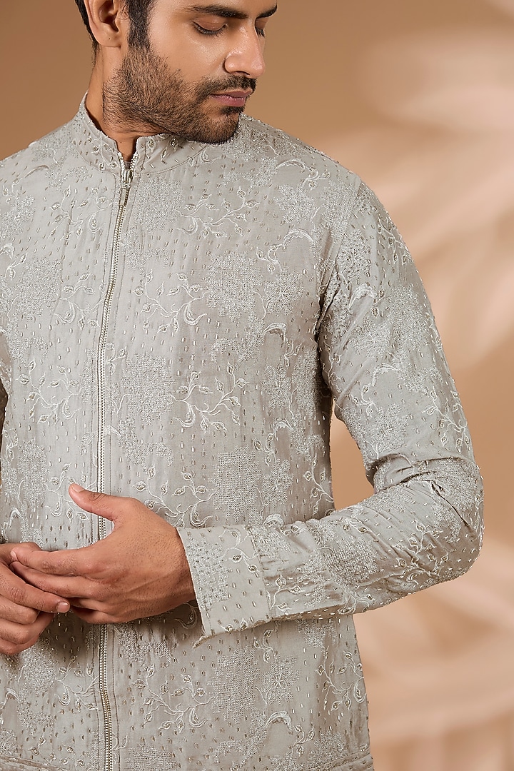 Taupe Chanderi Cutdana Embroidered Bomber Jacket by Sawan Gandhi Men at Pernia's Pop Up Shop
