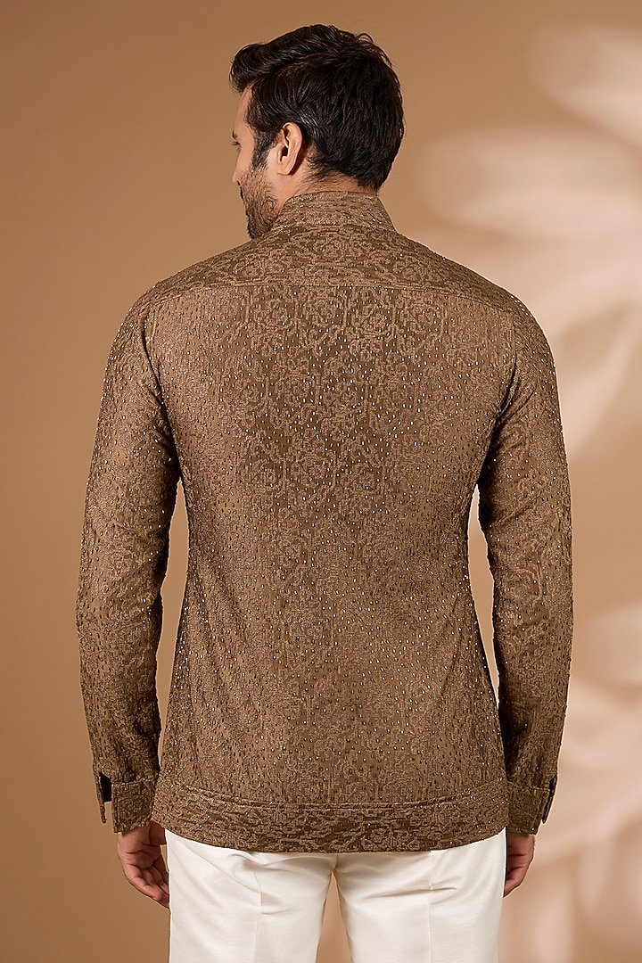 Brown Chanderi Cutdana Embroidered Bomber Jacket by Sawan Gandhi Men at Pernia's Pop Up Shop