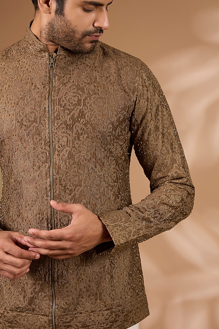 Brown Chanderi Cutdana Embroidered Bomber Jacket by Sawan Gandhi Men at Pernia's Pop Up Shop