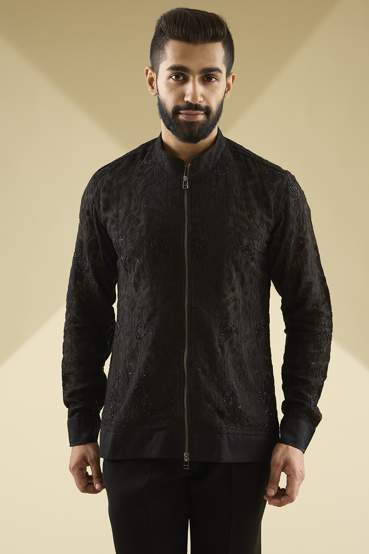 Black Organza Bomber Jacket by Sawan Gandhi Men