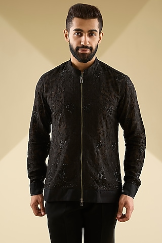 Black Organza Bomber Jacket by Sawan Gandhi Men