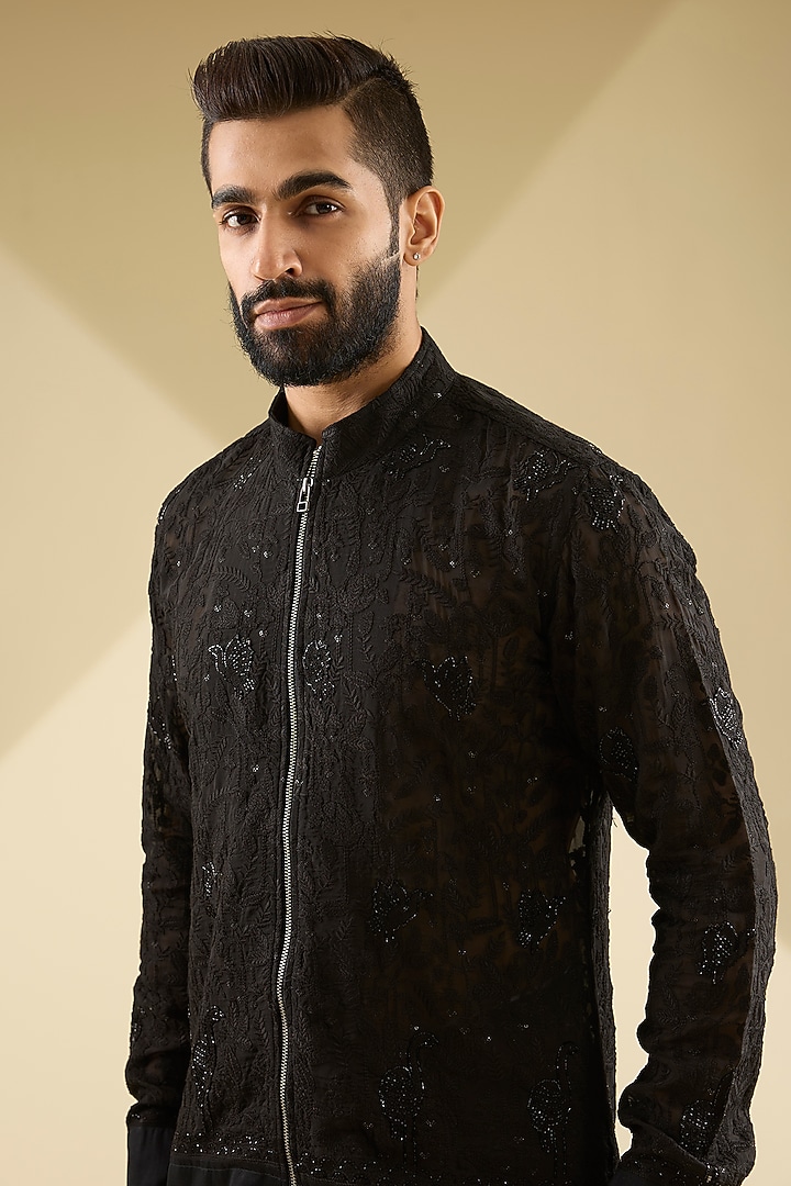 Black Organza Bomber Jacket by Sawan Gandhi Men at Pernia's Pop Up Shop
