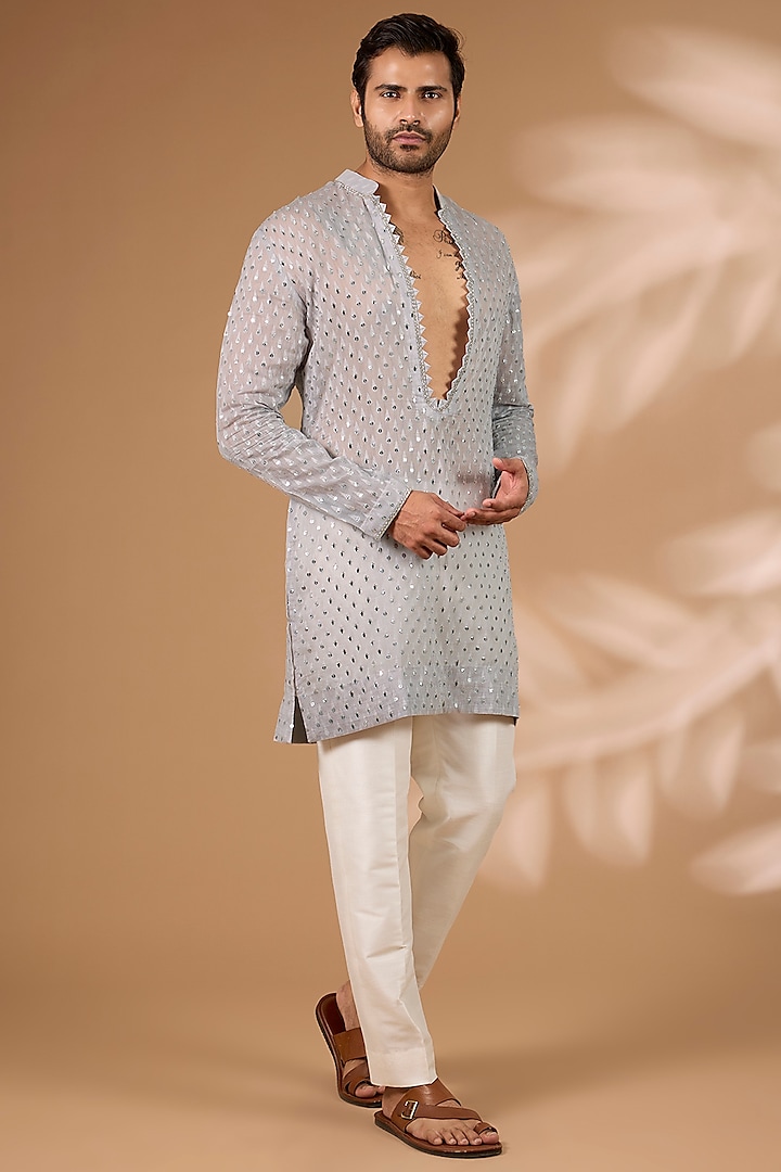 Grey Chanderi Cutdana Work Kurta Set by Sawan Gandhi Men