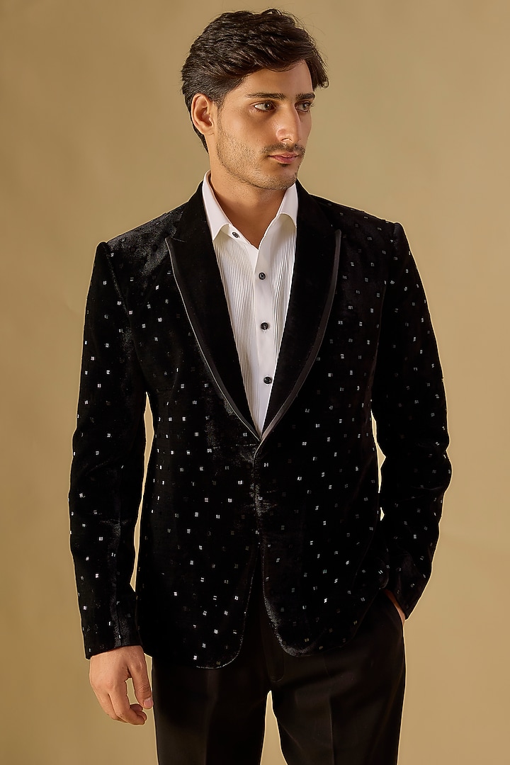 Black Velvet Tuxedo Set by Sawan Gandhi Men at Pernia's Pop Up Shop