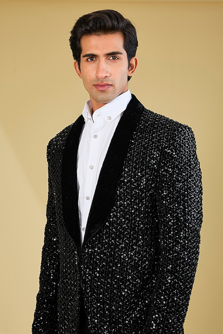 Black Velvet Tuxedo Set by Sawan Gandhi Men at Pernia's Pop Up Shop