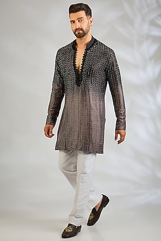 Black-Taupe Silk Kurta by Sawan Gandhi Men