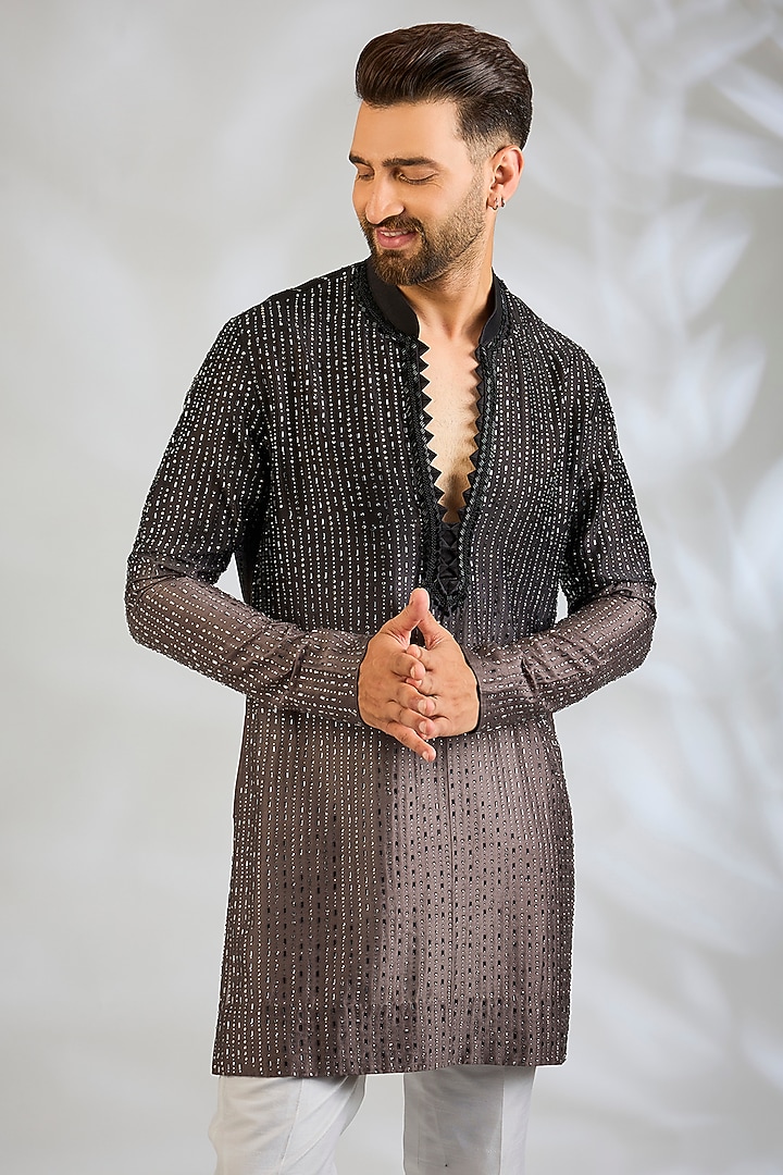 Black-Taupe Silk Kurta by Sawan Gandhi Men at Pernia's Pop Up Shop