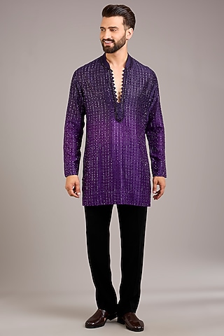 Purple & Wine Silk Embroidered Kurta by Sawan Gandhi Men