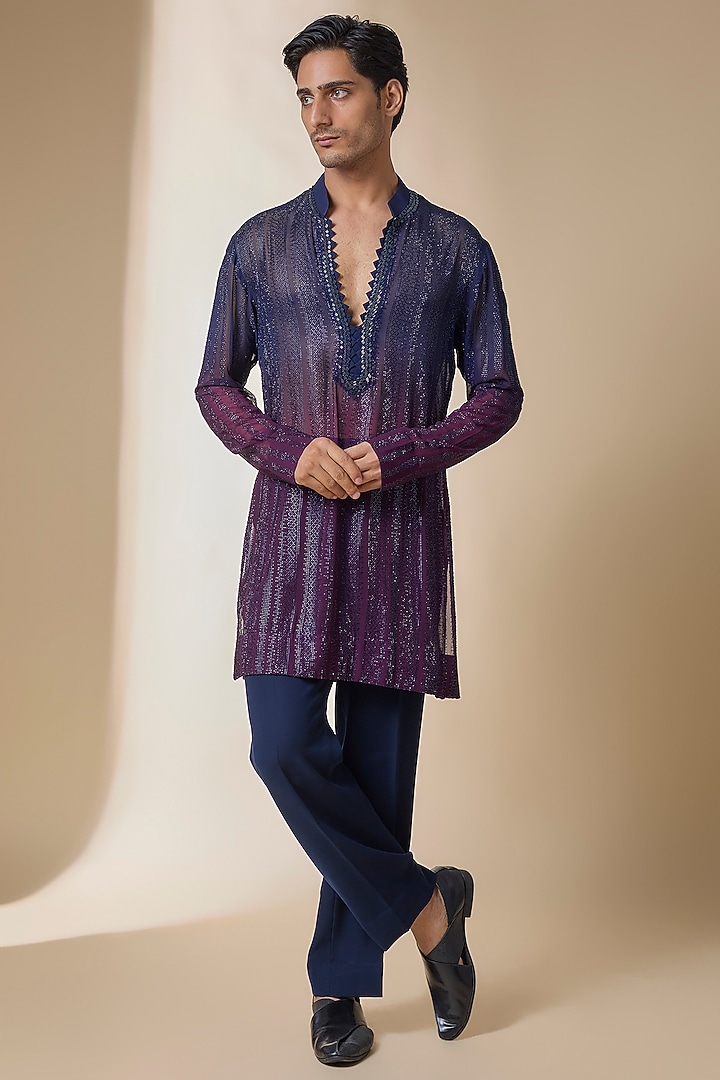 Blue-Wine Ombre Georgette Kurta Set by Sawan Gandhi Men at Pernia's Pop Up Shop