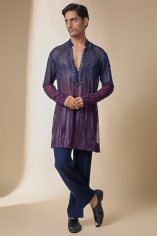 Blue-Wine Ombre Georgette Kurta Set by Sawan Gandhi Men