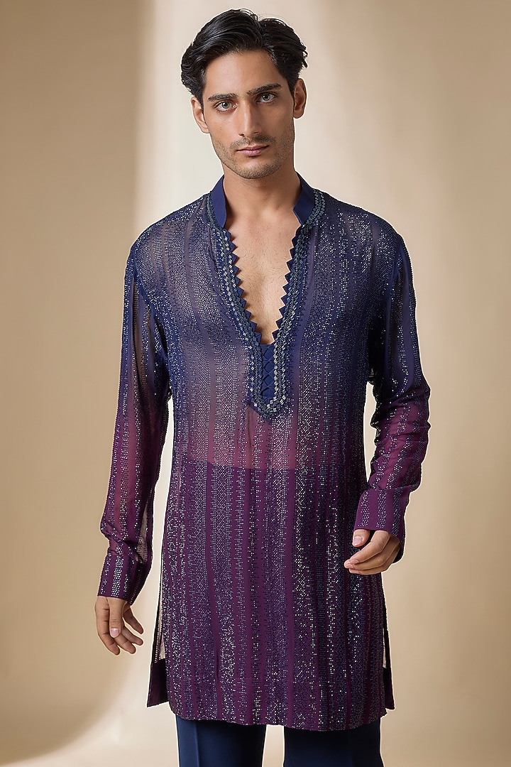 Blue-Wine Ombre Georgette Kurta Set by Sawan Gandhi Men at Pernia's Pop Up Shop