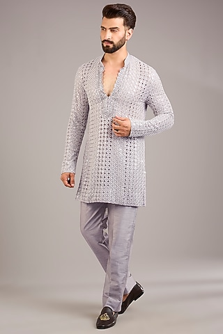 Grey Georgette Embroidered Kurta Set by Sawan Gandhi Men