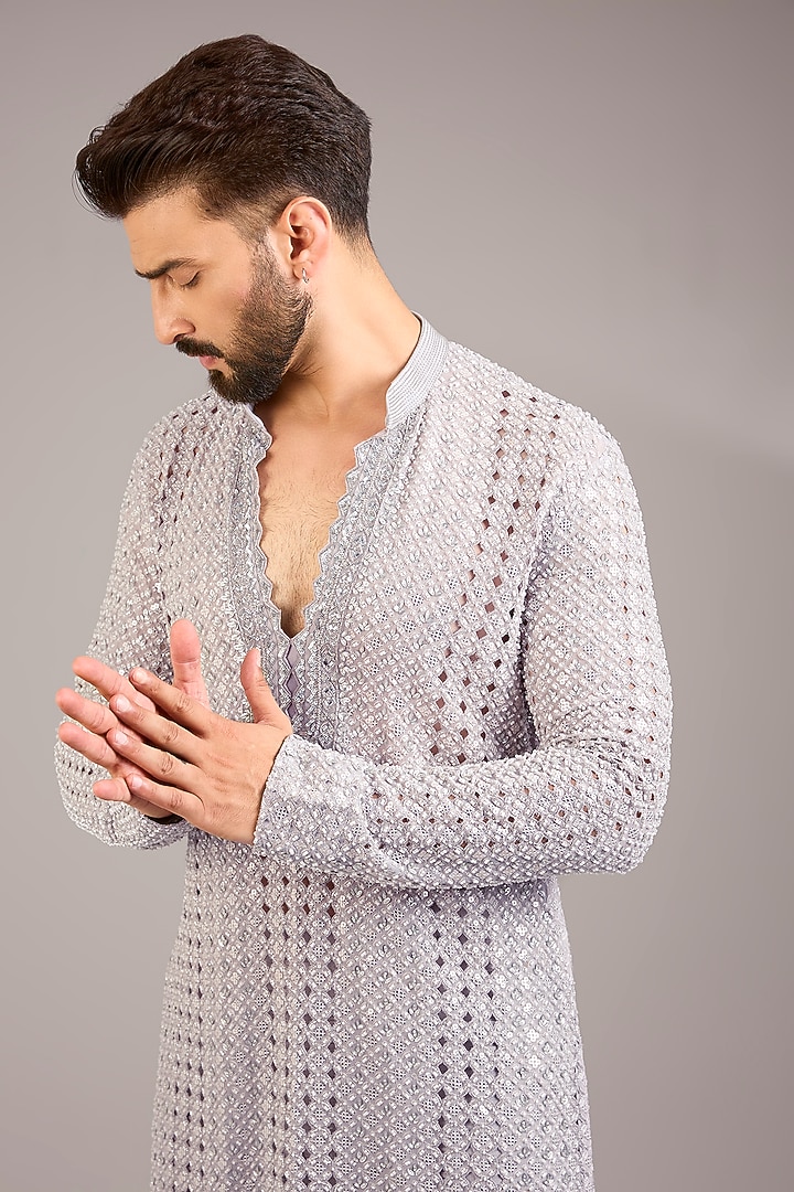 Grey Georgette Embroidered Kurta Set by Sawan Gandhi Men at Pernia's Pop Up Shop