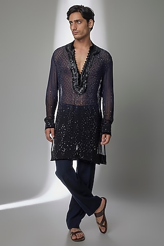 Navy Blue-Black Georgette Kurta Set by Sawan Gandhi Men