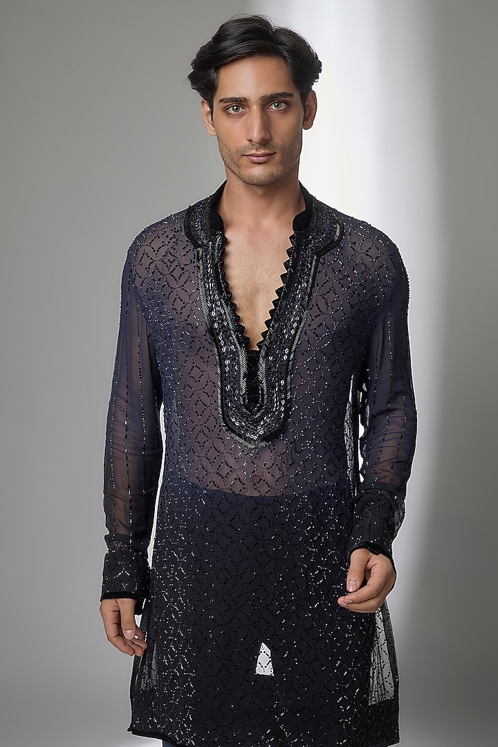 Navy Blue-Black Georgette Kurta Set by Sawan Gandhi Men at Pernia's Pop Up Shop