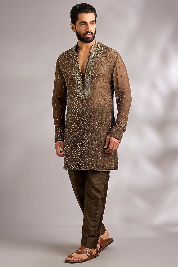 Chocolate Coffee Brown Georgette Kurta Set by Sawan Gandhi Men at Pernia's Pop Up Shop