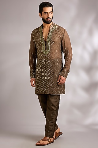 Chocolate Coffee Brown Georgette Kurta Set by Sawan Gandhi Men