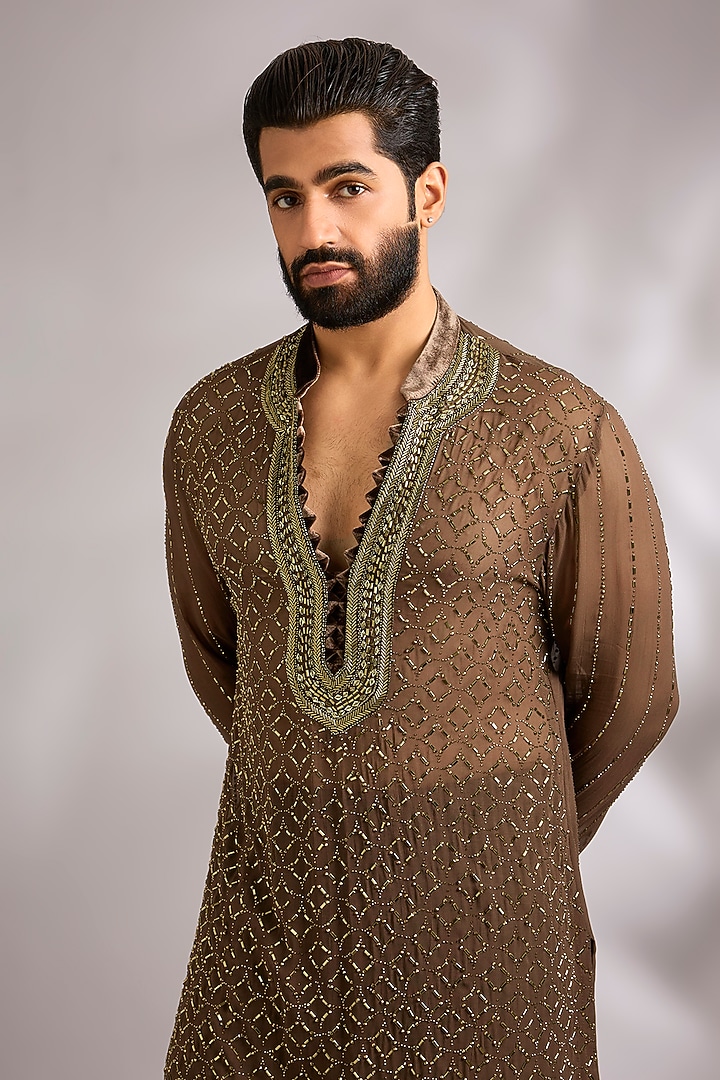 Chocolate Coffee Brown Georgette Kurta Set by Sawan Gandhi Men at Pernia's Pop Up Shop